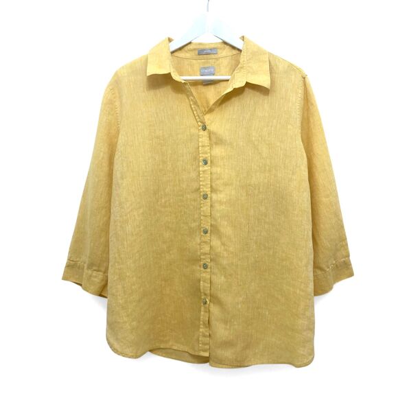 Chico's No Iron Linen Shirt Size 3 / XL Button Up 3/4 Sleeve Bright Yellow Top - Picture 2 of 15